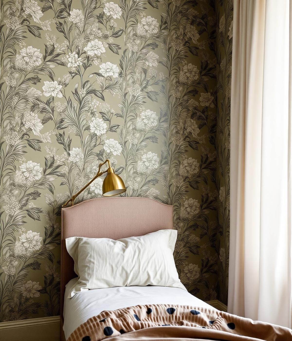 Botanical wallpapered bedroom